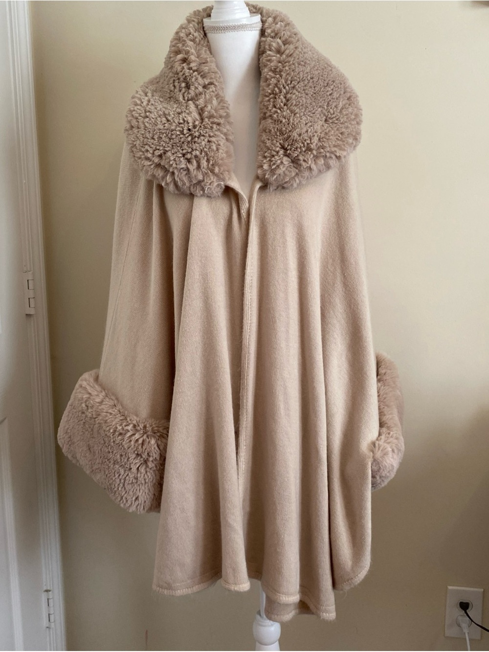 Shearling Trim Wrap Cape in Beige
